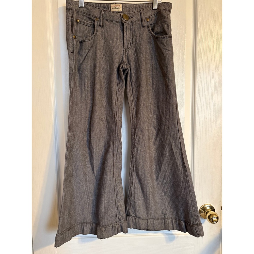 Free People Herringbone Wide Leg Flare Pants Grey Cotton Trousers‎ Size 27 Boho
